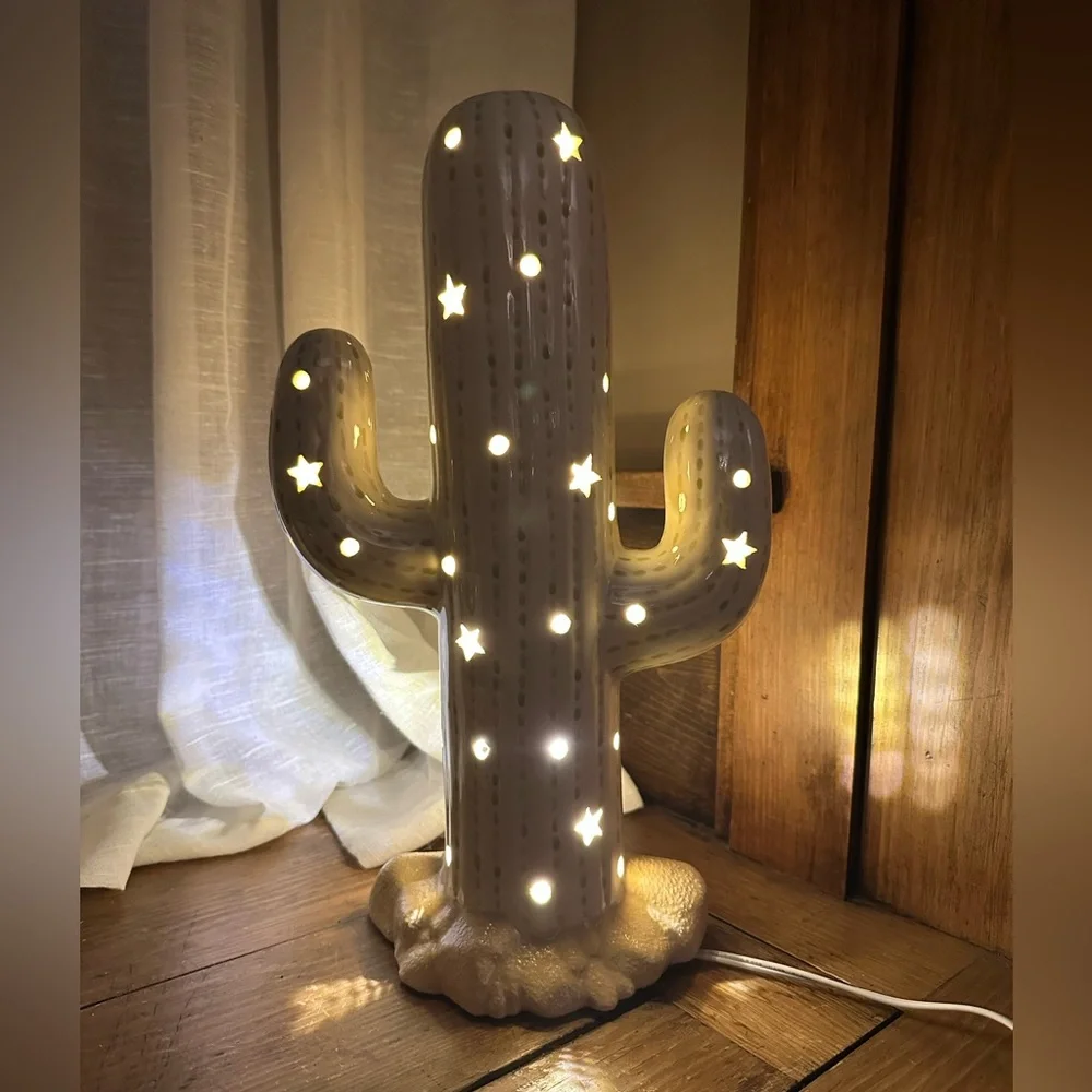 15” Light-Up Corded Ceramic Cactus Lamp in Cream/Sage Green - Picture 11 of 15